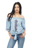 Off Shoulder Bubble Sleeve Embroidered Blouse