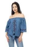 Off Shoulder Bubble Sleeve Embroidered Blouse