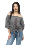 Off Shoulder Bubble Sleeve Embroidered Blouse