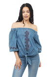 Off Shoulder Bubble Sleeve Embroidered Blouse