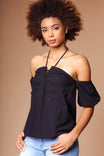 Front Lace Up Off Shoulder Bubble Sleeve Blouse