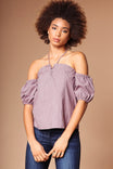 Front Lace Up Off Shoulder Bubble Sleeve Blouse