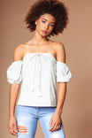 Front Lace Up Off Shoulder Bubble Sleeve Blouse