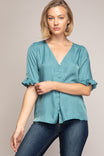 V Neck Button Down Short Sleeve Blouse
