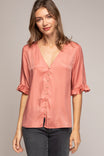 V Neck Button Down Short Sleeve Blouse