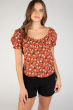 Short Sleeve Floral Elasticized Shoulder Blouse