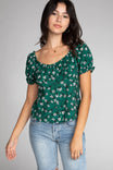 Short Sleeve Floral Elasticized Shoulder Blouse