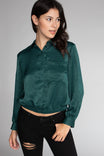 Long Sleeve Button Front Blouse With Elasticized Waist