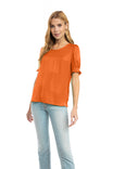 Short Sleeve Crew Neck Blouse With Pipping Detail
