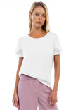 Short Sleeve Crew Neck Blouse With Pipping Detail
