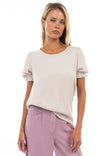 Short Sleeve Crew Neck Blouse With Pipping Detail
