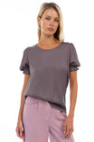 Short Sleeve Crew Neck Blouse With Pipping Detail