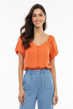 Scalloped Button Front Balloon Sleeve Blouse