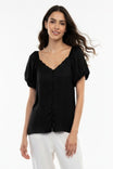 Scalloped Button Front Balloon Sleeve Blouse