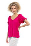 Scalloped Button Front Balloon Sleeve Blouse
