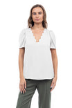 Scalloped Short Puff Sleeve Blouse