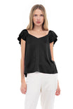Flowy V Neck Blouse With Pleated Cap Sleeve