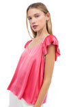 Flowy V Neck Blouse With Pleated Cap Sleeve