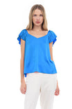 Flowy V Neck Blouse With Pleated Cap Sleeve