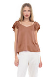 Flowy V Neck Blouse With Pleated Cap Sleeve