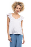 Flowy V Neck Blouse With Pleated Cap Sleeve
