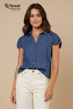 Tencel Button Down Shirt With Shirred Cap Sleeve