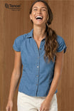 Tencel Button Down Shirt With Shirred Cap Sleeve