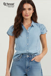 Tencel Button Down Shirt With Shirred Cap Sleeve