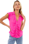 Ruched Button Down Cap Sleeve Blouse