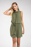 Draped Neck Sleeveless Dress With Front Tie Detail