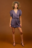 Ruched Short Sleeve V Neck Romper