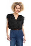 Pleated Drawstring Shoulder V-Neck Top