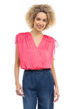 Pleated Drawstring Shoulder V-Neck Top