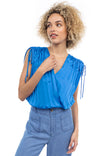 Pleated Drawstring Shoulder V-Neck Top