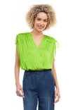 Pleated Drawstring Shoulder V-Neck Top