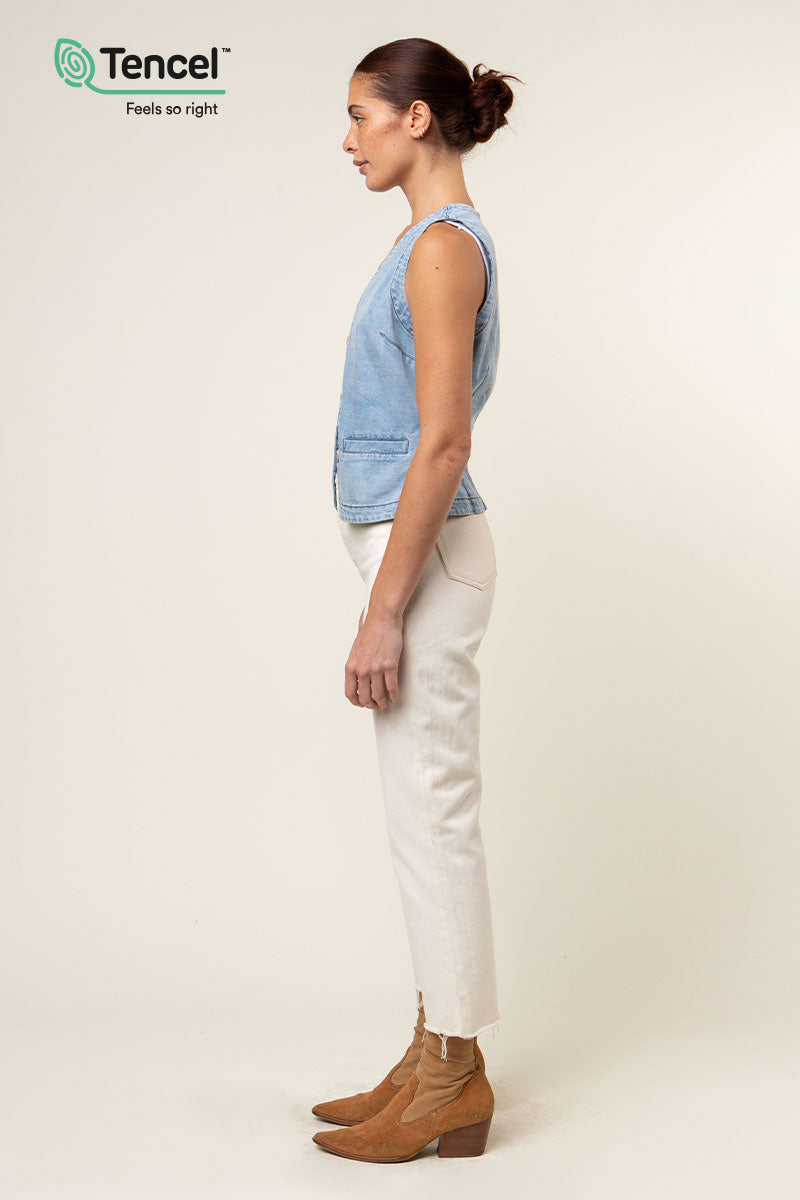 ￼ Eco Bio Washed Denim Jumper Vest J Brand Faith Sleeveless Deconstructed Denim Vest Light Wash