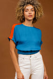 Rolled Cuff Color Block Shoulder Crop Top