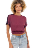 Rolled Cuff Color Block Shoulder Crop Top