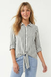 Front Tie Button Down Shirt With Sleeve Tab