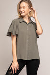 Short Flutter Sleeve Button Down Blouse