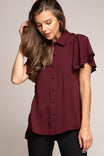 Short Flutter Sleeve Button Down Blouse