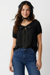 Contrast Stitch Bow Silky Blouse