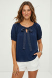 Contrast Stitch Bow Silky Blouse