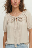 Contrast Stitch Bow Silky Blouse