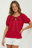 Contrast Stitch Bow Silky Blouse