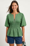 Elastic Waist Puff Sleeve Linen Blouse