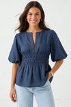 Elastic Waist Puff Sleeve Linen Blouse
