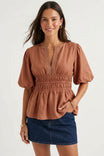 Elastic Waist Puff Sleeve Linen Blouse