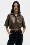 Vegan Leather Cropped Button Up Blouse