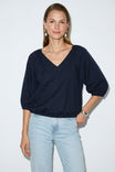 Elastic Puff Sleeve V-neck Blouse